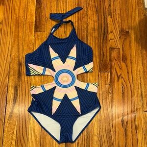 Vibrant Blue Halter Swimsuit with Starburst Pattern